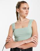 Asos Design Crop Cami With Square Neck And Seam Detail In Sage-green