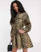 Asos Design Casual Mini Shirt Dress With Ruched Waist In Leopard Print-multi