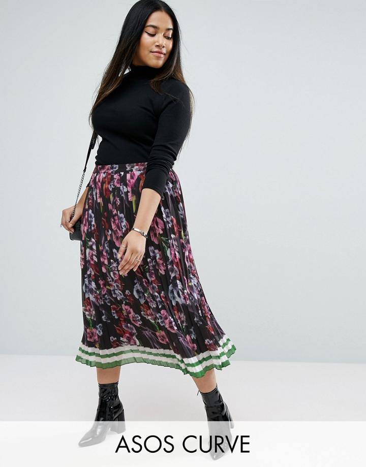 Asos Curve Pleated Midi Border Print Skirt - Multi