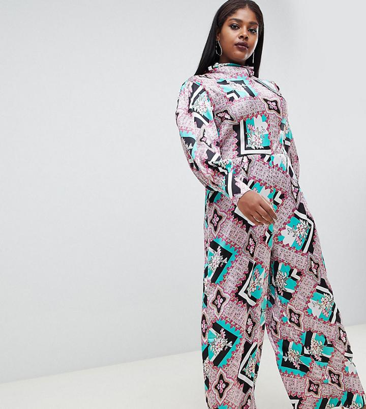 Asos Design Curve Jumpsuit With High Neck And Blouson Sleeve In Mixed Floral Print-multi