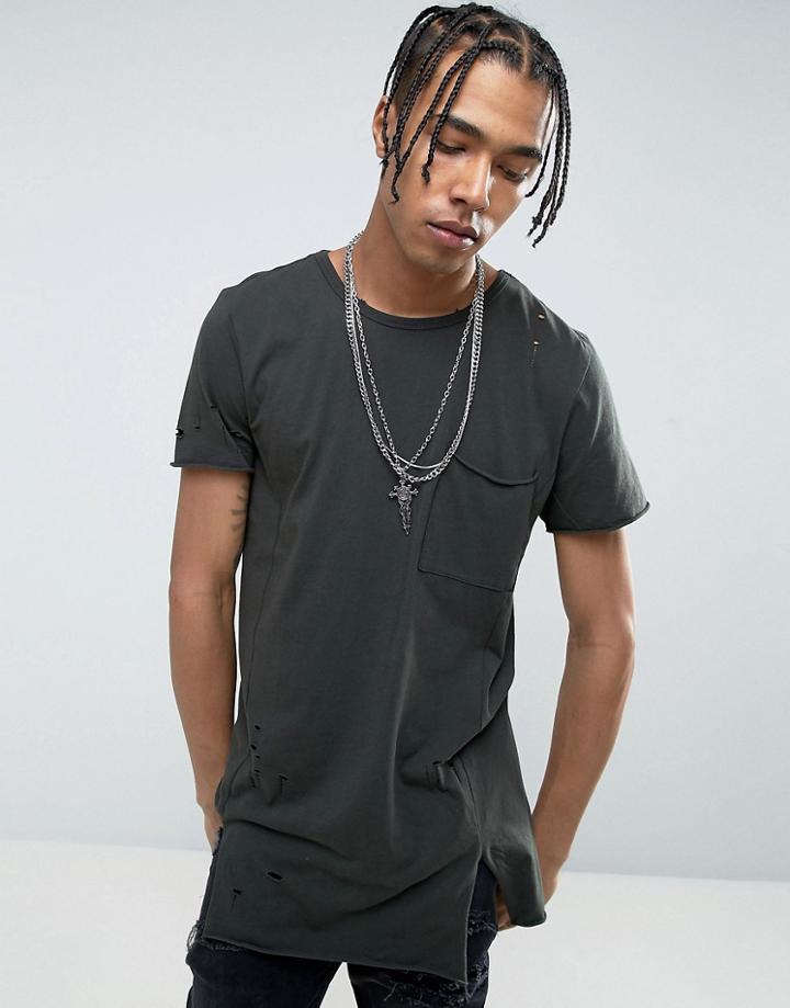 New Look Longline T-shirt With Distressing In Dark Green - Green