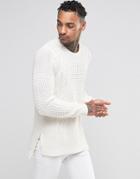 Black Kaviar Longline Sweater In Cable Knit - White