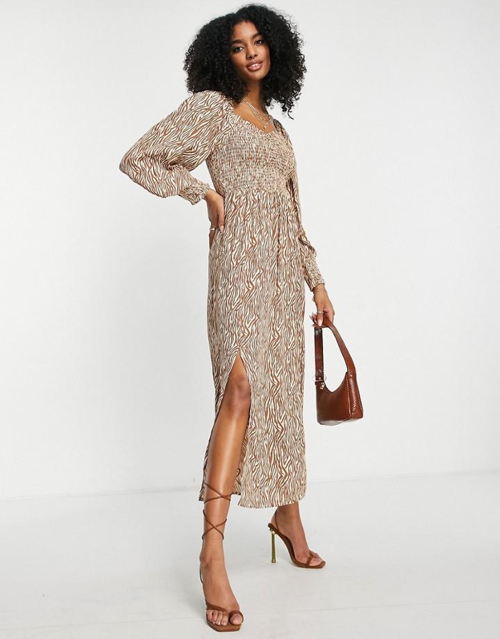 River Island Animal Print Shirred Midi Dress In Brown