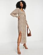River Island Animal Print Shirred Midi Dress In Brown