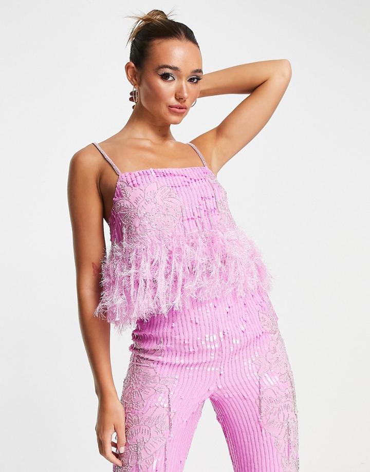 Asos Edition Floral Embellished Cami Top With Feather Hem In Pink