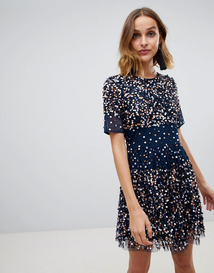 Lace & Beads Scatter Embellished Mini Dress In Navy