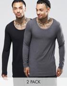 Asos Longline Muscle Long Sleeve T-shirt With Scoop Neck 2 Pack Save 20% - Multi