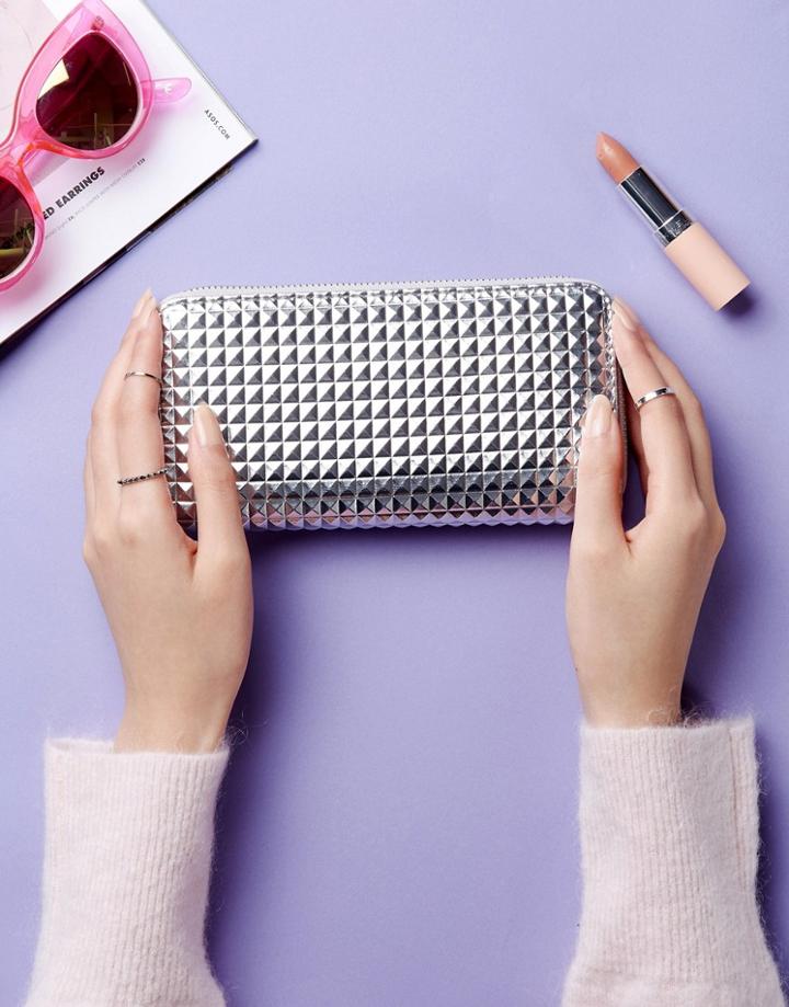 New Look Spike Detail Zip Around Purse - Silver