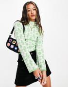 Asos Design High Neck Sweater In Floral Plaid Pattern In Green