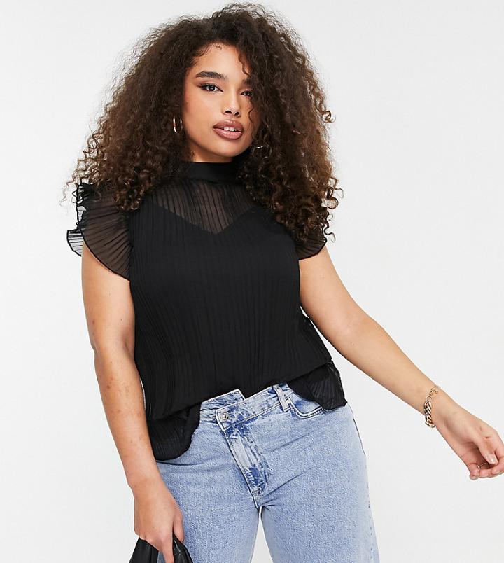 Asos Design Curve Short Sleeve Pleated Top In Black