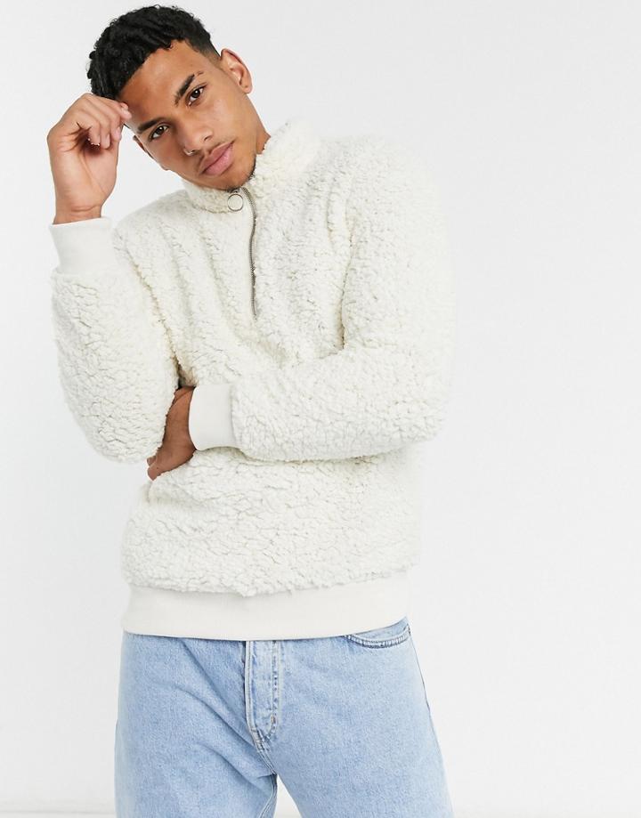 Soul Star 1/4 Zip Borg Sweatshirt In Ecru-white