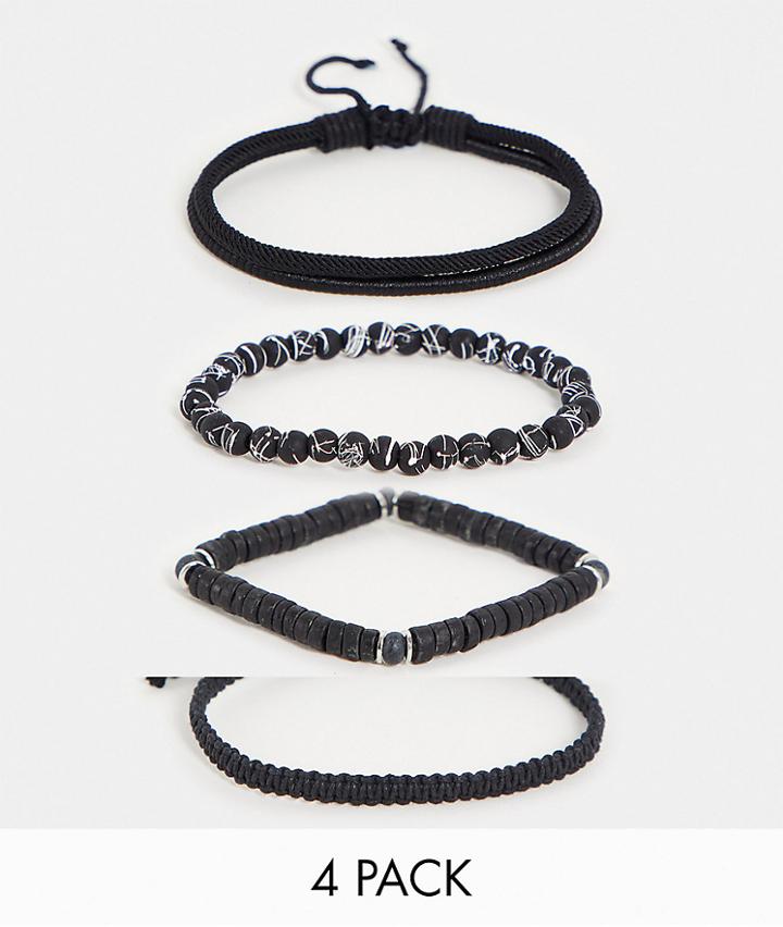 Asos Design 4 Pack Beaded Bracelet Set In Black Tones