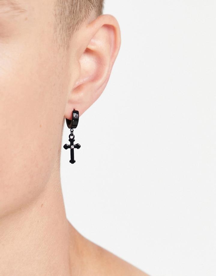Asos Design Hoop Earrings With Mini Crosses In Matte Black And Crystals