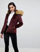 Lipsy Velvet Puffer Jacket With Faux Fur Hood And Gold Trims - Red