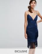 Dark Pink Lace Midi Dress With Fringe Detail - Navy