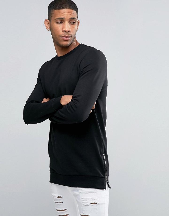 Asos Longline Muscle Fit Sweatshirt With Side Zips In Black - Black