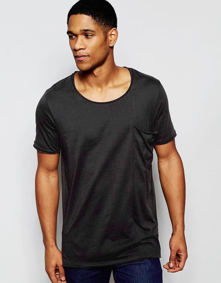 Asos Longline T-shirt With Big Drape Pocket And Raw Edge Scoop In Black - Black