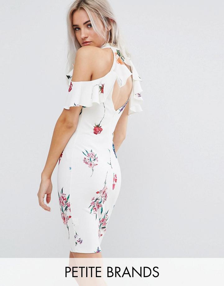 City Goddess Petite Floral Print Pencil Dress With Ruffle Detail - White