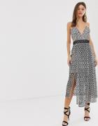 Asos Design Midi Dress In Mono Geo With Layered Skirt-navy