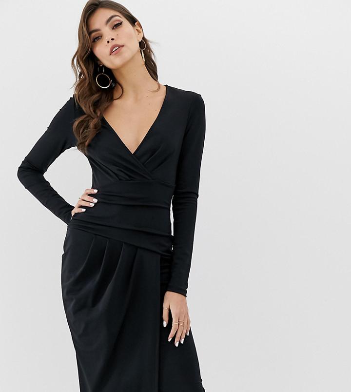 Asos Design Figure Effect Wrap Midi Bodycon Dress - Black