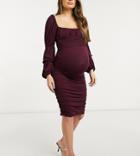 Asos Design Maternity Ruched Sheered Midi Dress With Triple Sleeve In Purple
