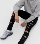 Asos Design Tall Spray On Jeans In Power Stretch With Heavy Rips In Black - Black