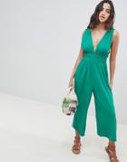 Asos Design Ruched Waist Plunge Jumpsuit - Green