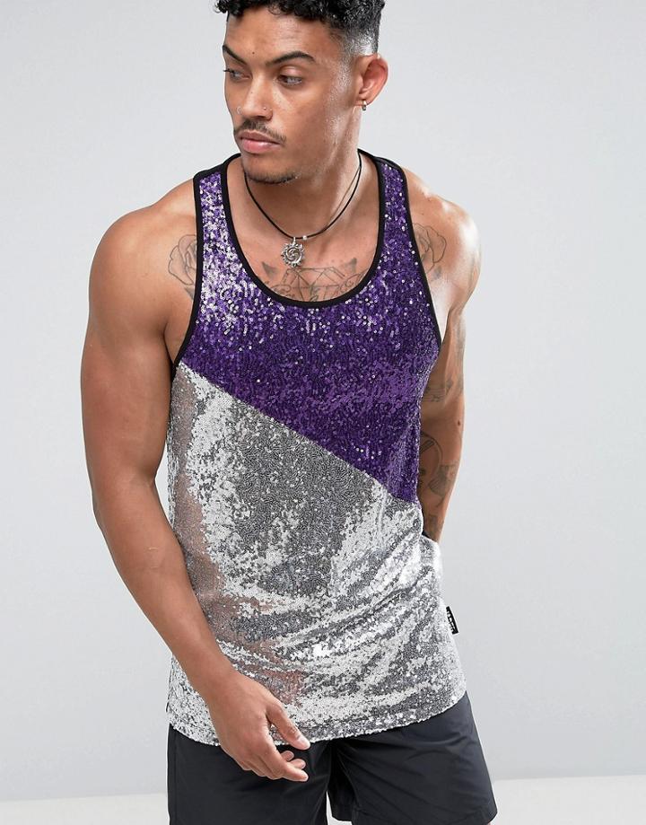 Jaded London Tank In Purple Sequins - Purple
