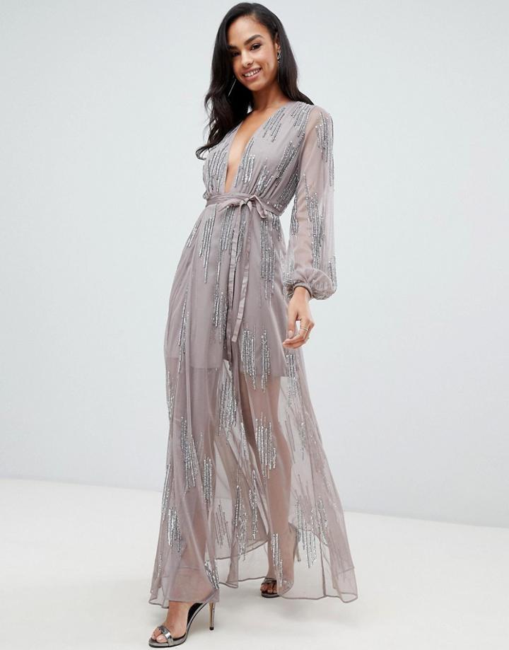 Asos Design Maxi Dress With Square Neck And Wrap Skirt With Starburst - Silver