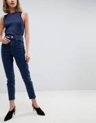 Asos Design Farleigh High Waist Slim Mom Jeans In Channan Deep Rich Blue Wash With Seam Detail Pockets