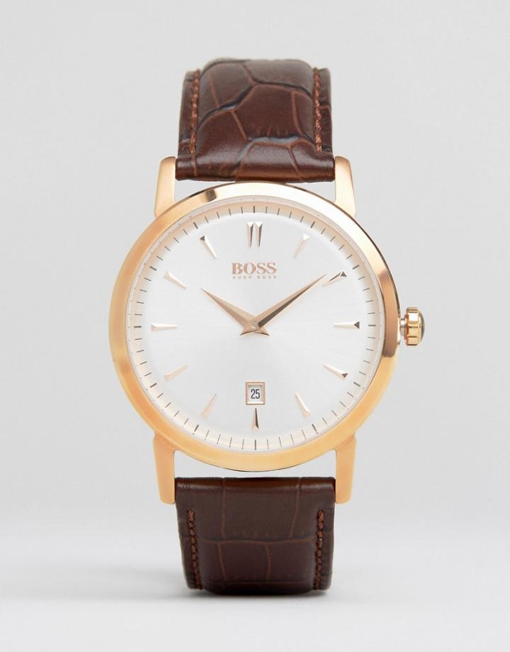 Hugo Boss Slim Ultra Round Leather Watch In Brown - Brown