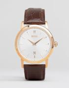 Hugo Boss Slim Ultra Round Leather Watch In Brown - Brown