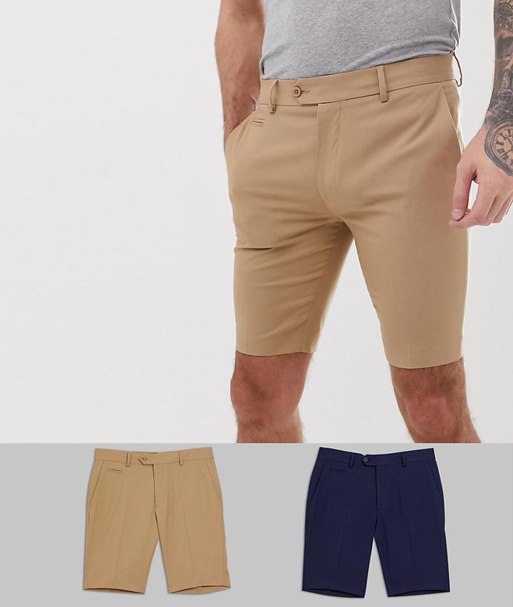 Asos Design 2 Pack Slim Smart Shorts In Stone And Navy-multi