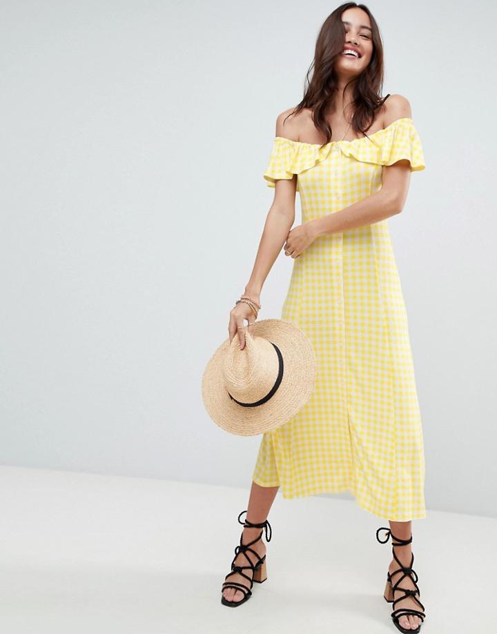 Asos Off Shoulder Button Through Midi Sundress In Gingham - Multi