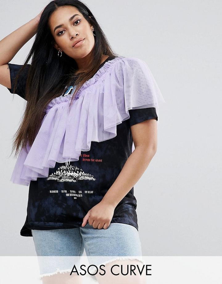 Asos Curve T-shirt With Washed Band Print And Exaggerated Ruffle - Multi