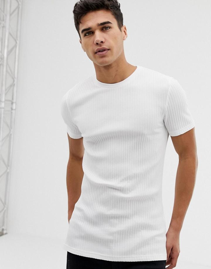 Asos Design Muscle Fit T-shirt With Crew Neck In Rib In White - White