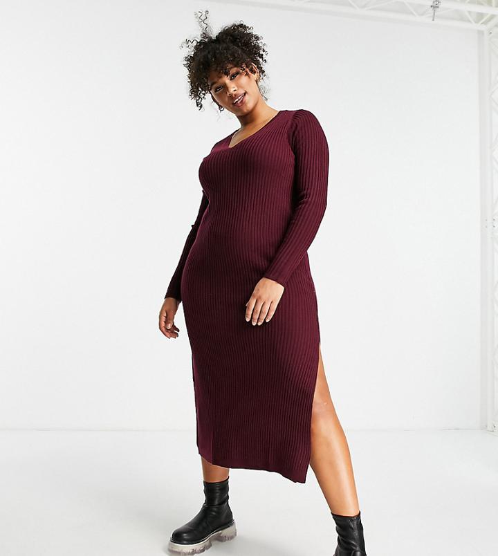 Asos Design Curve Knitted Dress With V Neck In Rib In Dark Red