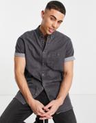 Topman Organic Short Sleeve Stretch Denim Shirt In Washed Black-gray