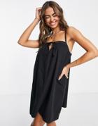 Asos Design Soft Denim Smock Pinny Dress With Tie Front In Washed Black
