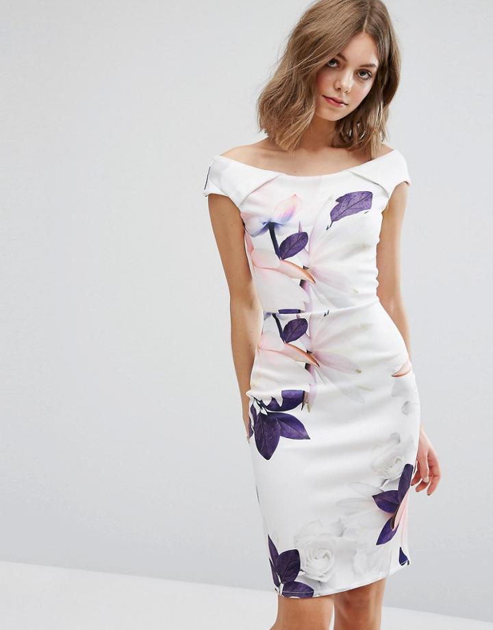 Wal G Off Shoulder Floral Pencil Dress - Cream