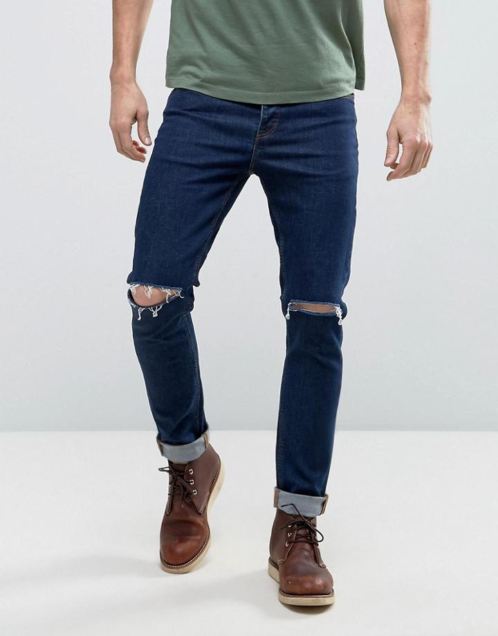 Asos Skinny 12.5oz Jeans With Rips In Dark Blue - Blue