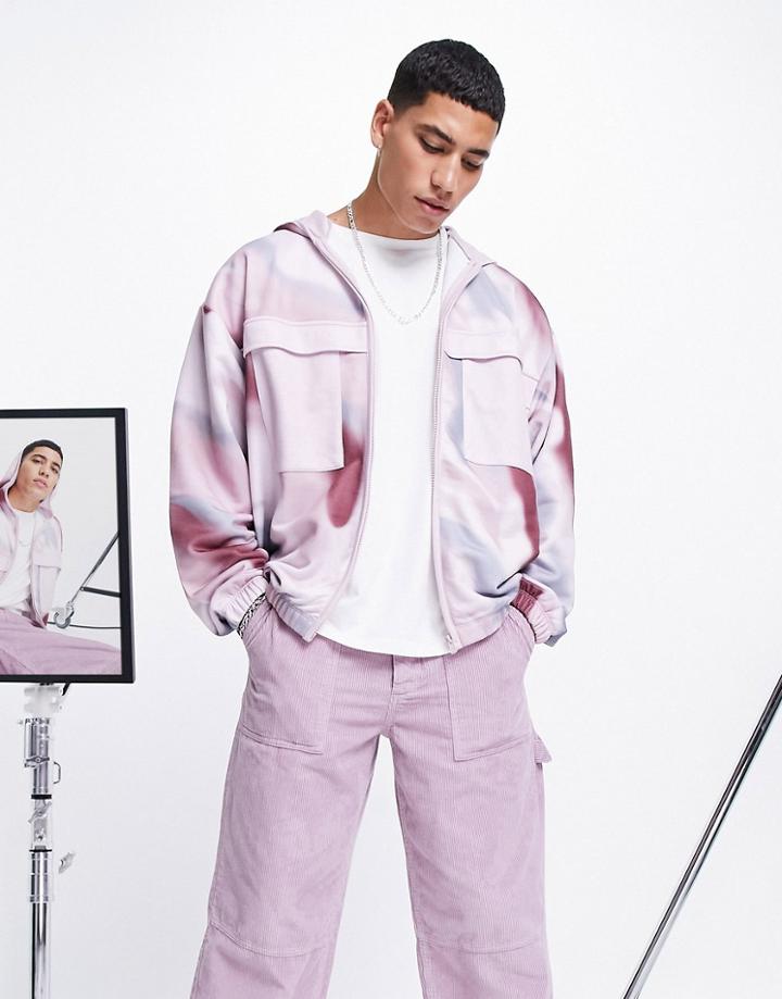 Asos Design Oversized Zip Up Hoodie In All Over Spray Print With Chest Pockets-multi