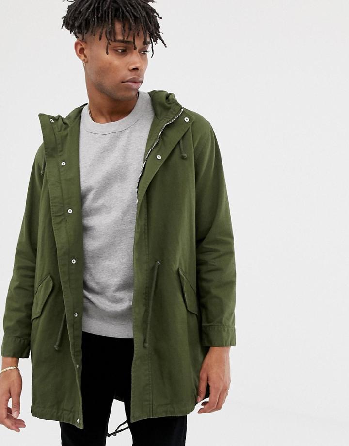 Asos Design Lightweight Parka Jacket In Khaki-green