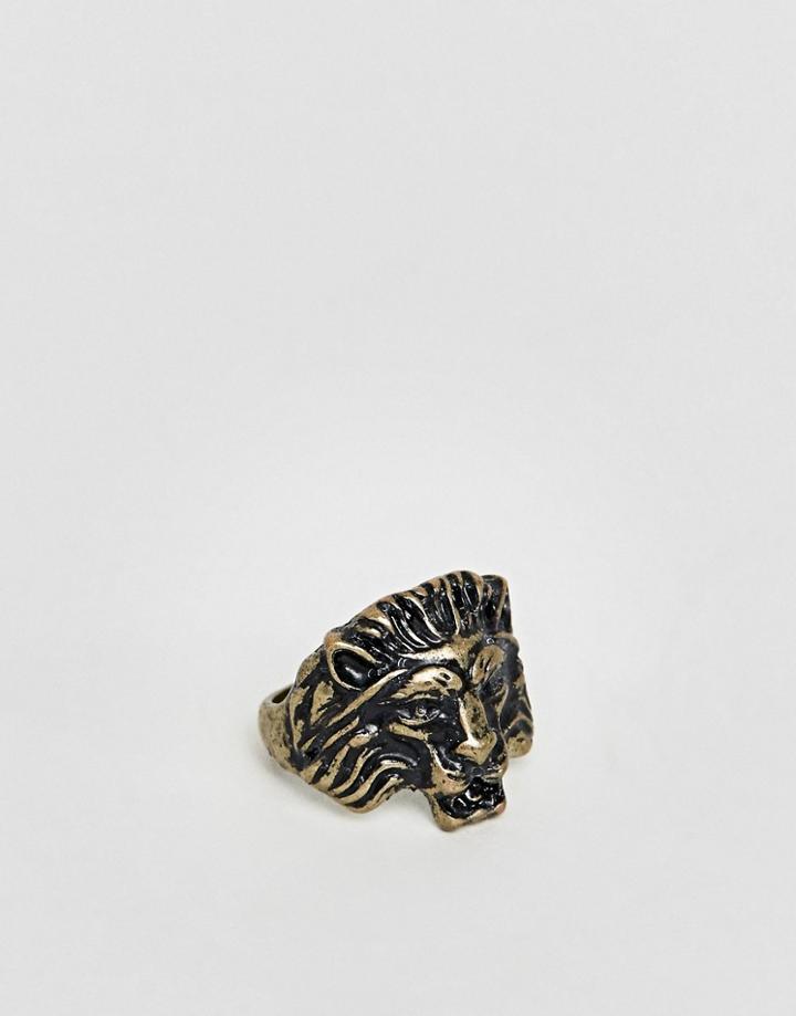 Asos Lion Head Ring In Burnished Gold - Gold