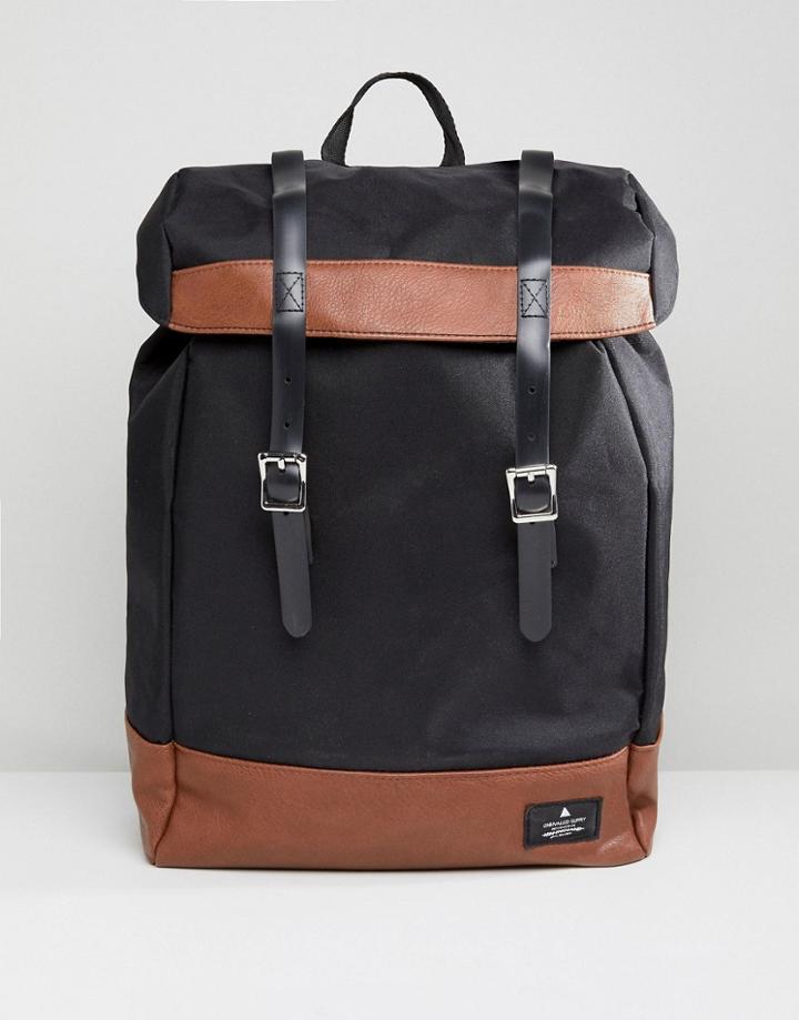 Asos Design Hiker Backpack In Black With Tan Faux Leather Trims - Black