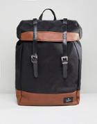 Asos Design Hiker Backpack In Black With Tan Faux Leather Trims - Black