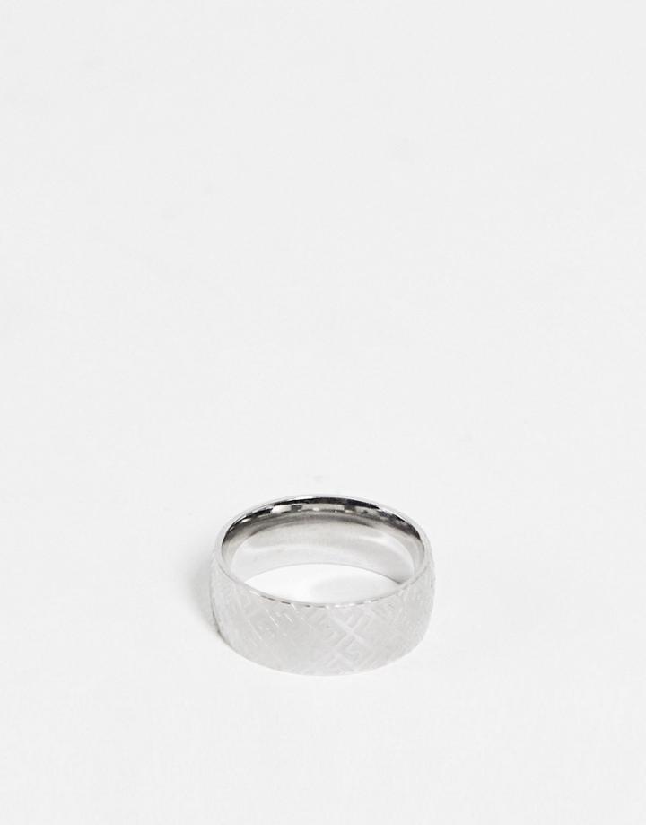 Asos Design Waterproof Stainless Steel Band Ring With Greek Wave In Silver Tone