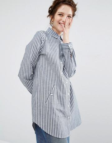 Willow And Paige Longline Shirt In Fine Stripe - Blue