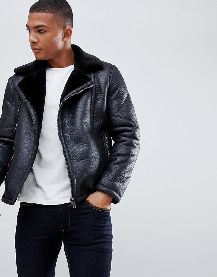 New Look Faux Shearling Biker Jacket In Black - Black