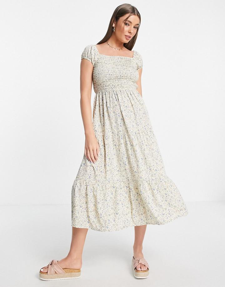 Influence Cap Sleeve Tiered Midi Tea Dress In Beige Multi